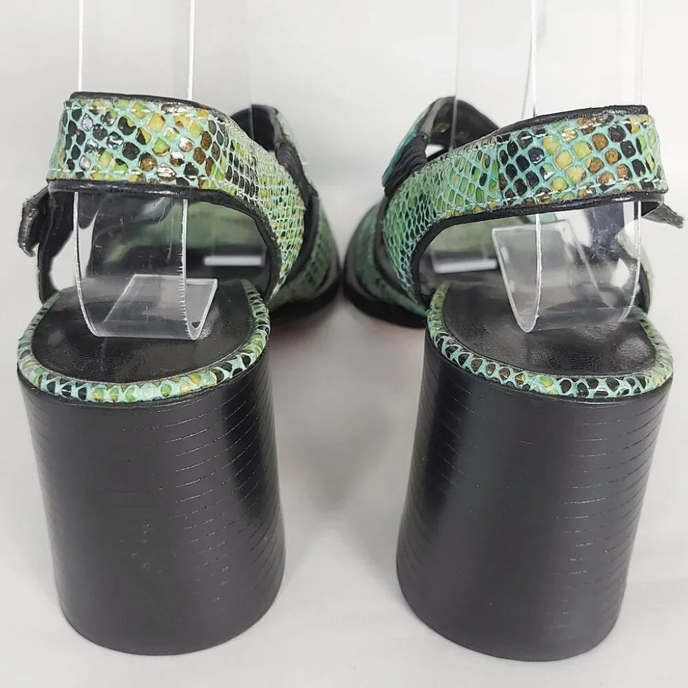 Franco Sarto Women 90s Open-Toe Strappy Sandals 5.5 Green Snakeskin Block Heel
